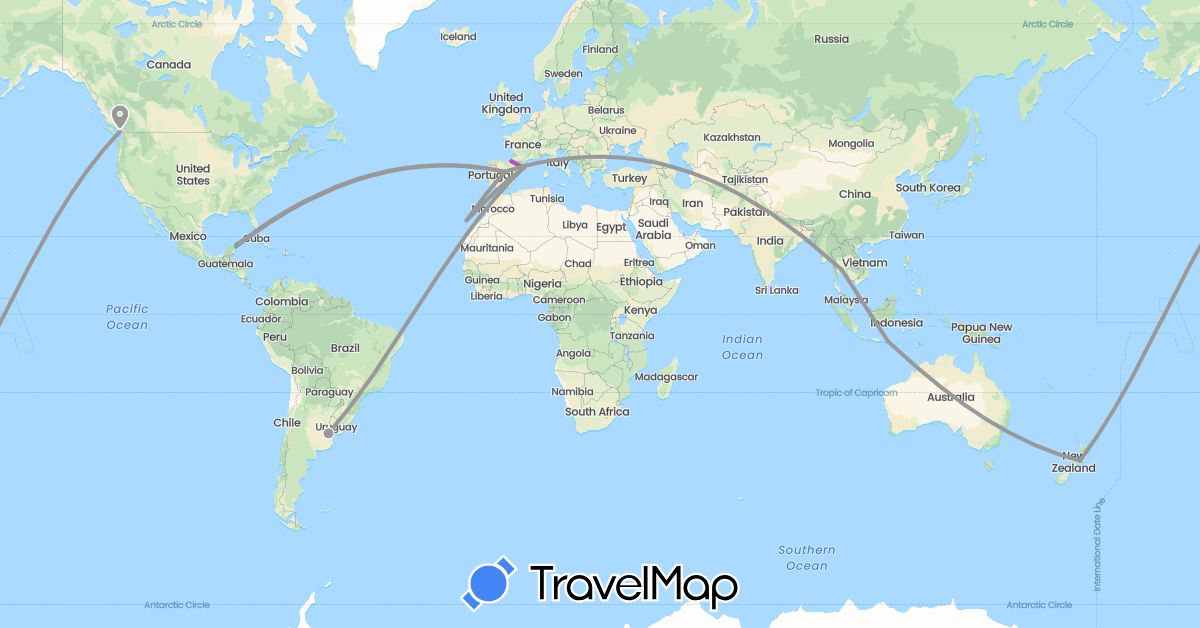 TravelMap itinerary: driving, bus, plane, train in Argentina, Canada, Spain, Croatia, Indonesia, Mexico, New Zealand, Thailand (Asia, Europe, North America, Oceania, South America)